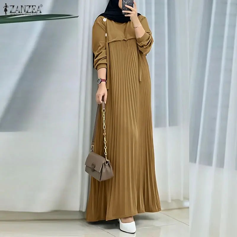 ZANZEA Muslim Women Patchwork Maxi Dress Ramadan Abaya Elegant O Neck Long Sleeve Pleated Sundress Robe Femme Casual Kaftan 2026