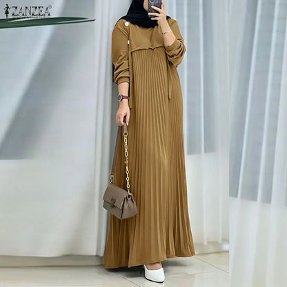 ZANZEA Muslim Women Patchwork Maxi Dress Ramadan Abaya Elegant O Neck Long Sleeve Pleated Sundress Robe Femme Casual Kaftan 2026