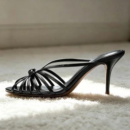 Fashion Bow Detail Cage-style Mule Sandals Women Luxury Metallic-effect Black Heels Elegant Round-toe Stiletto Women's Slippers