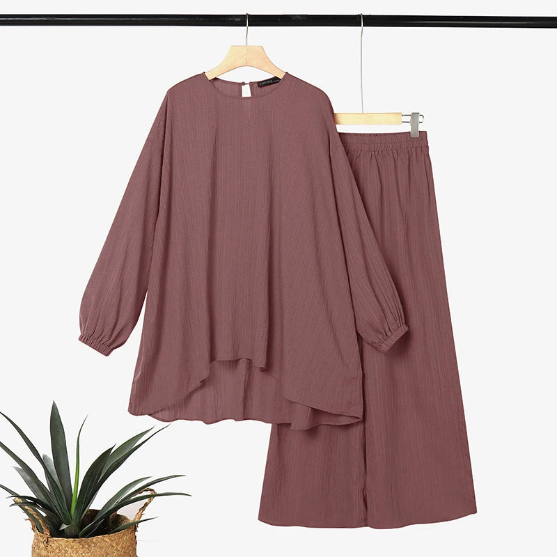 Fashion Muslim Sets ZANZEA Women Loose 2 Pieces Outfits Casual Long Tops With Wide Leg Pant Sets Elegant Ramadan Hijab Tracksuit