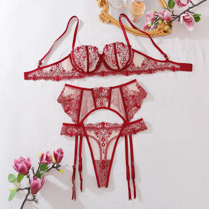 AVELINE Floral Embroidery Lingerie Sets Garter Belt for Women Erotic Underwear Mesh See Through Sexy Hollow Out Bra Panties Set