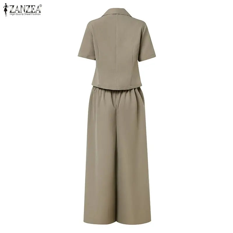 ZANZEA Women's Elegant Pant Suits V-Neck Short Sleeve Shirts & Wide Leg Pants Office Lady 2 Pieces Sets Outfits Woman Sets S-3XL