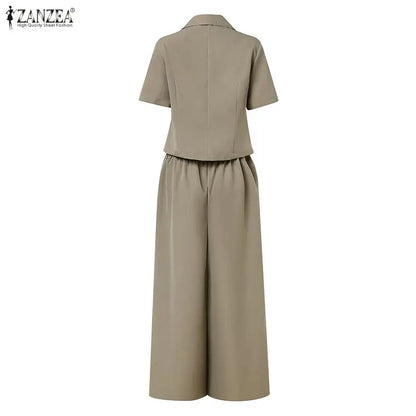 ZANZEA Women's Elegant Pant Suits V-Neck Short Sleeve Shirts & Wide Leg Pants Office Lady 2 Pieces Sets Outfits Woman Sets S-3XL