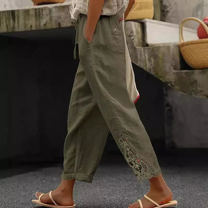 2026 Women's Pants Elastic Waist Solid Color Lace Spliced Drawstring Pocket Simple Fashion Basic Casual 9-point Pants