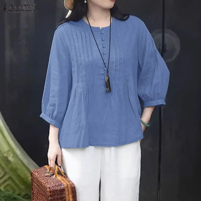 ZANZEA Women Casual Pintuck Blouses Spring Summer O-Neck Half Buttons 3/4 Lantern Sleeve Tops Loose Solid Color Blusas de Mujer