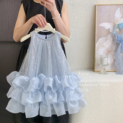 Girls' New Summer Luxury High-End Mesh Tank beautiful Dress