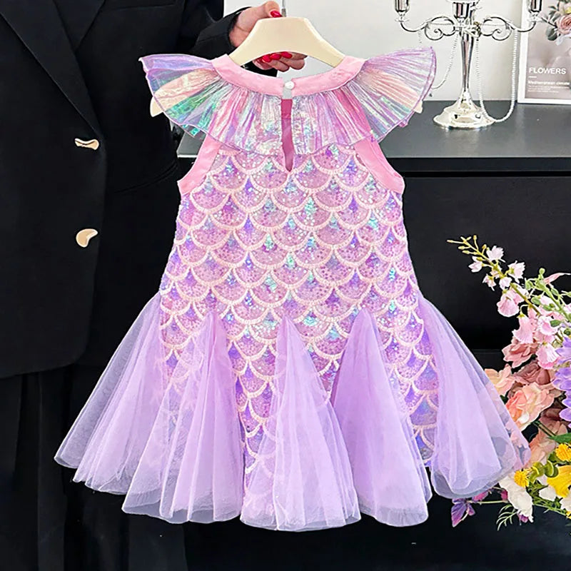 Sequins Mesh Dress For Girls Kids Summer Dress Children Fishtail Gauze Skirt For Party Night Graduation Ceremony Birthday Prom