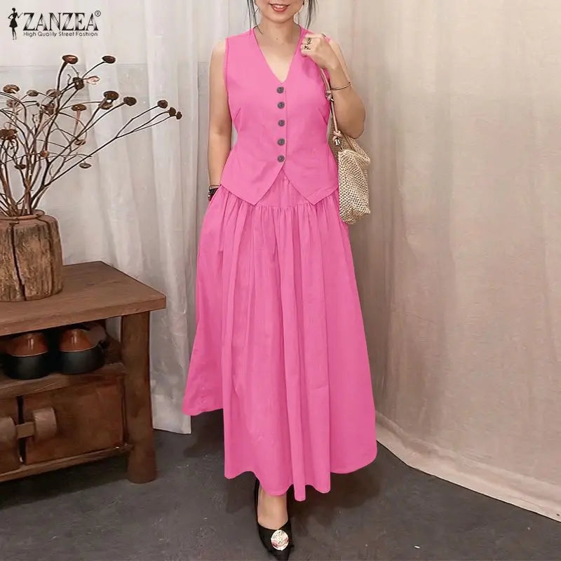 2026 ZANZEA Summer Elegant V Neck Sleeveless Shirt Dress Sets Fashion Women 2 Piece Sets Solid Outfits Stylish OL Work Suit