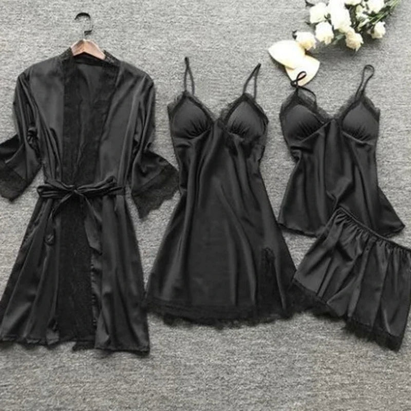 4 Pieces/Set Women's Sexy Lace Pajamas Fashion V-Neck Gown Comfort Pajamas Pajamas Pajamas with Chest Pads Nightdress