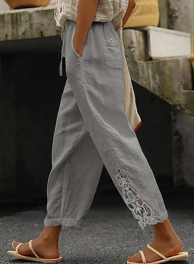 2026 Women's Pants Elastic Waist Solid Color Lace Spliced Drawstring Pocket Simple Fashion Basic Casual 9-point Pants