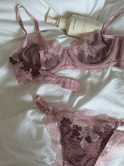 Lace girls underwear thin section glossy bra anti-sagging push up lingerie support large breasts show small bra set