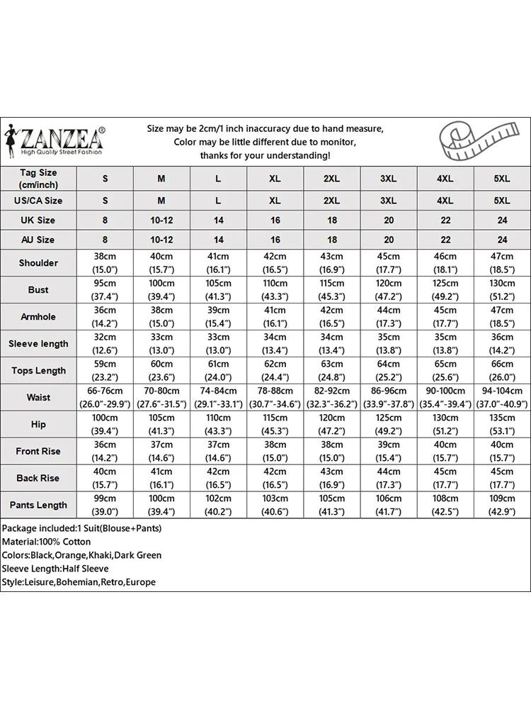 ZANZEA Women 2 -piece Sets Cotton Suit Half Sleeve Blouse & Trousers Causal Pant Sets Fashion Tracksuits Summer Work Outfits