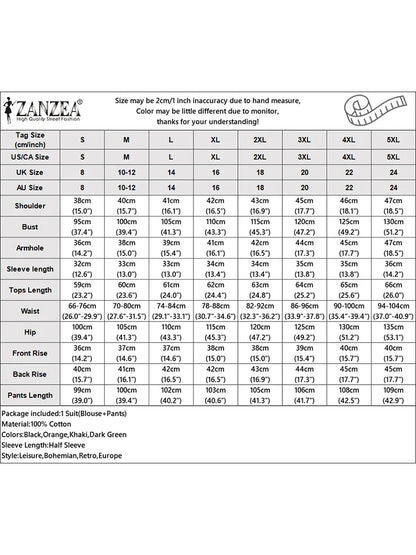 ZANZEA Women 2 -piece Sets Cotton Suit Half Sleeve Blouse & Trousers Causal Pant Sets Fashion Tracksuits Summer Work Outfits