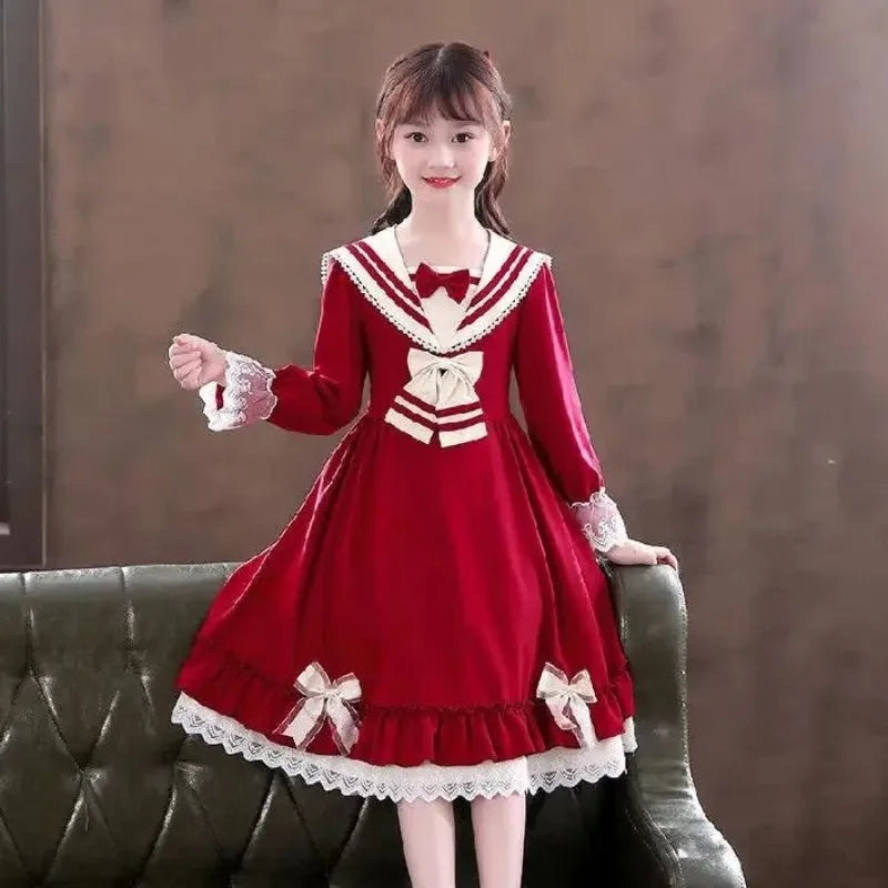 Girls' 2025 Spring/Autumn New Lolita Style Chic Bow Accented Long Sleeve Princess Dress for 4-12Y