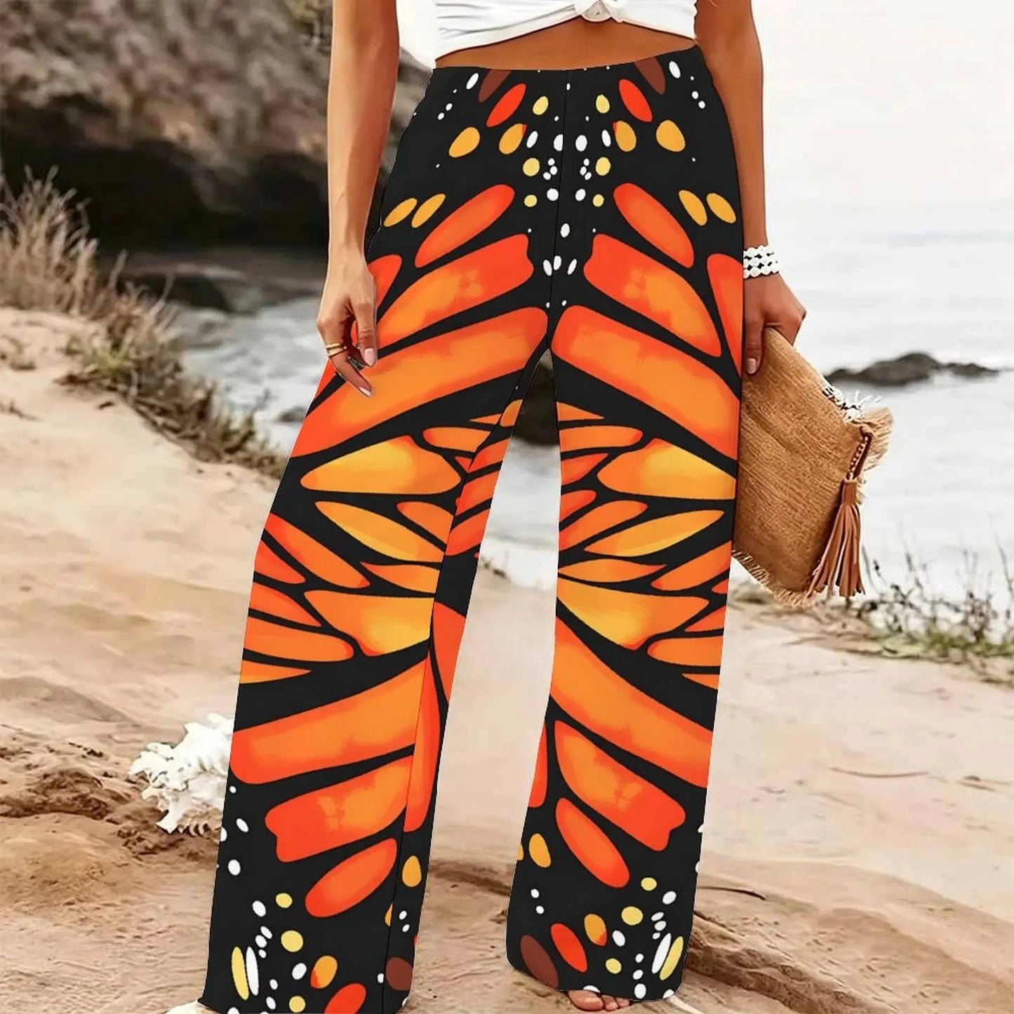Women's Summer Beach Wide Leg Trousers Floral Print Elastic High Waist Loose Fit Casual Vacation Palazzo Pants