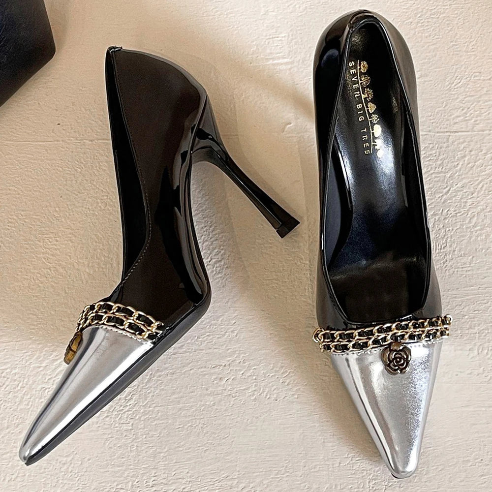 BIGTREE Shoes Women Pumps Metal Chain Design High Heels Color Blocking Ladies Shoes Luxury Banquet Shoes Stiletto Heels 10 CM