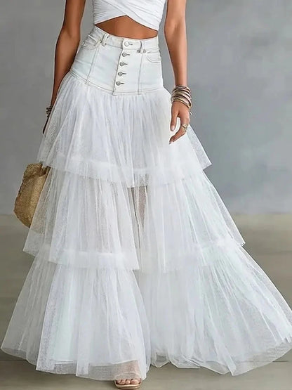 Summer Loose Swing Maxi Skirts Mujer Fashion High Waist Button Denim Skirts for Women Spring Elegant Patchwork Mesh Ruffle Skirt