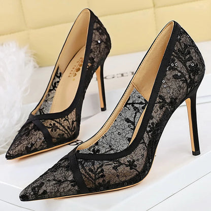 BIGTREE Shoes Mesh Hollow Lace Women Pumps Sexy High Heels Party Shoes Stiletto Heels 9.5 cm Luxury Banquet Shoes Ladies Pumps