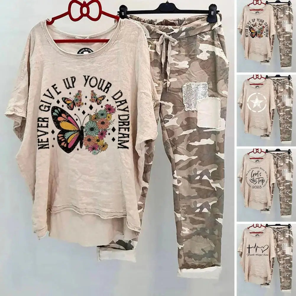 Women's Cotton Blend Suit Women's Summer Casual Printed Sportswear Set Lightweight Cotton Blend Outfit for Fashionable