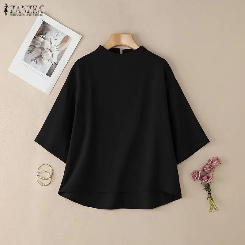 ZANZEA Casual Style High Low Blouses Women 2026 Spring Drop-Shoulder 3/4 Sleeve Stand Collar Solid Tops Fashion Woman Clothes