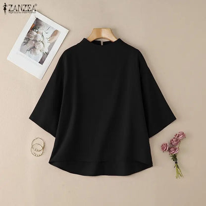ZANZEA Casual Style High Low Blouses Women 2026 Spring Drop-Shoulder 3/4 Sleeve Stand Collar Solid Tops Fashion Woman Clothes