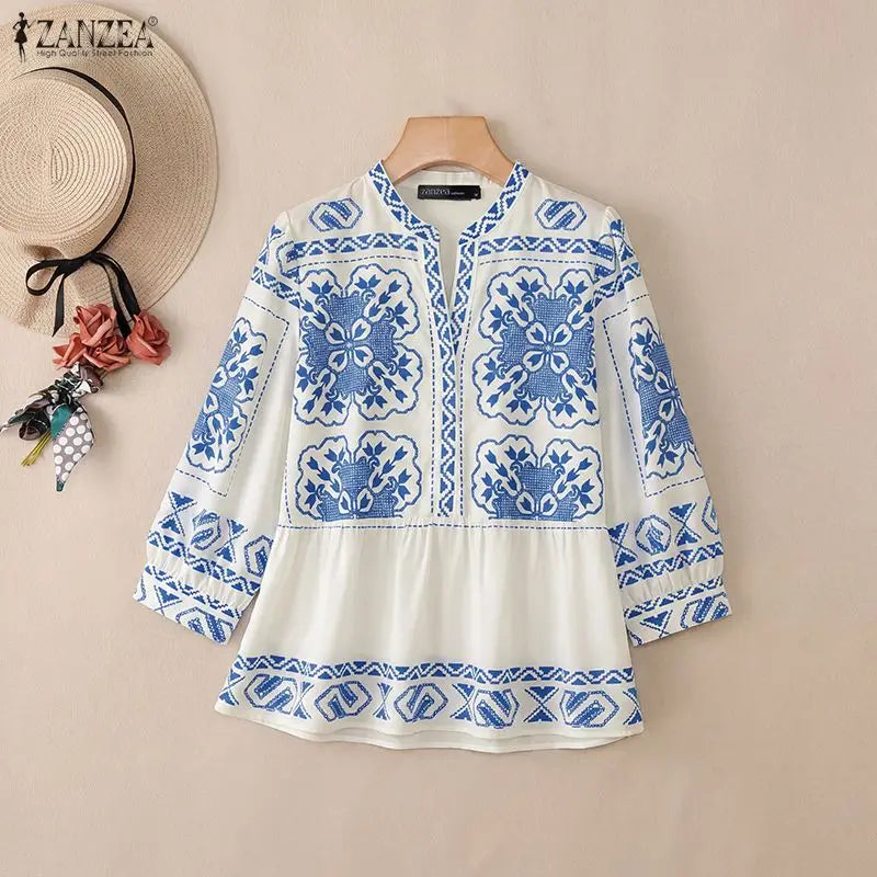 ZANZEA Women Summer Ethnic Floral Print Blouses Casual V-Neck 3/4 Lantern Sleeves Peplum Tops Bohemian Vacation Blusas Mujer