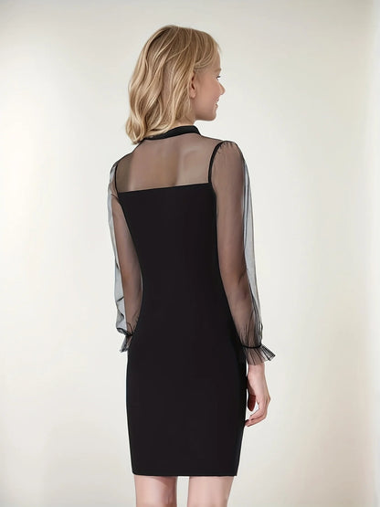 Summer 7-14 Years Girl's Black Sheer Mesh Spliced Mock Neck Long Sleeve Bodycon Dress for Party Daily Formal Casual Kids Elegant