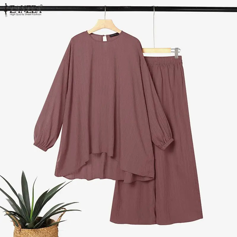 ZANZEA Muslim Women 2 Pieces Outfits Casual Full Sleeve Long Tops Wide Leg Pant Sets Abaya Suit Hijab Tracksuit Matching Sets