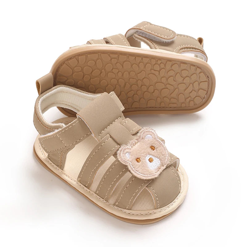 0-1Year Baby Shoes Infant Pre-Walker Shoes Cute Teddy Bear Pattern Summer Sandals Soft Sole Adjustable Strap Daily Footwear
