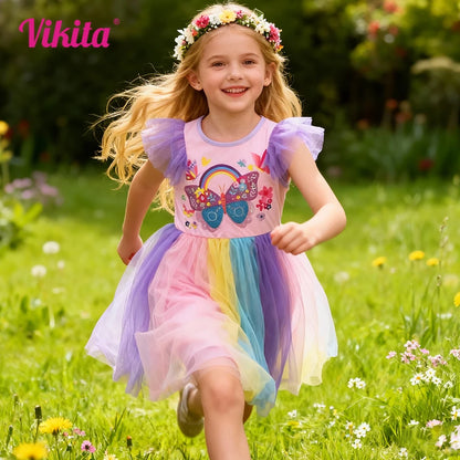 VIKITA Kids Butterfly Flower Print Summer Dress Girls Pink Colorful Party Vacation Daily Princess Dresses Children Clothes