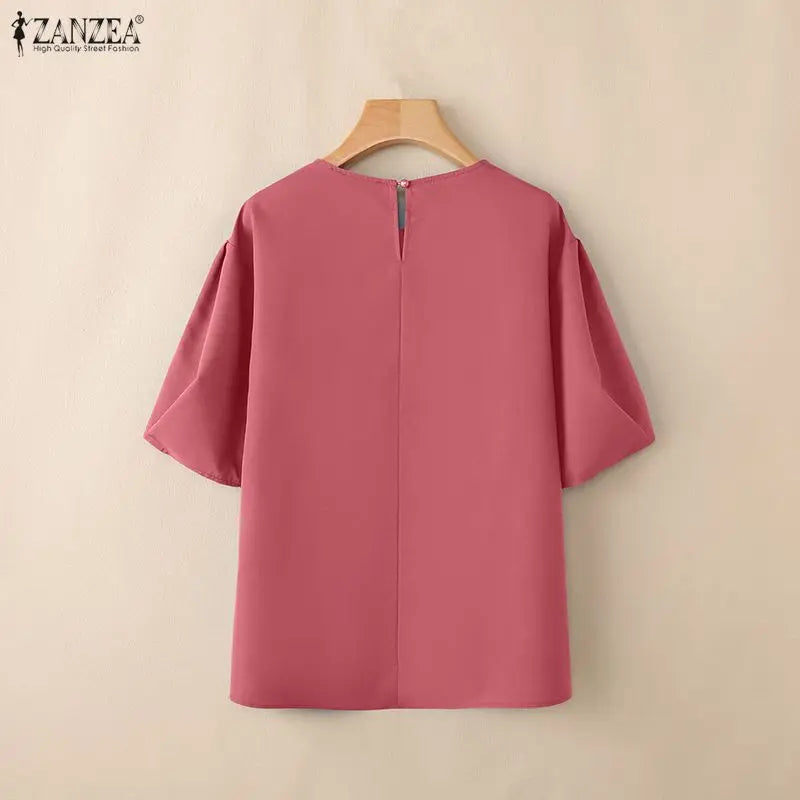 ZANZEA 2026 Summer Casual Blouses Woman O-Neck Half Puff Sleeves Solid Color Loose Tops Minimalist Everyday Wear Blusas de Mujer