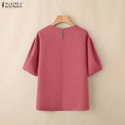 ZANZEA 2026 Summer Casual Blouses Woman O-Neck Half Puff Sleeves Solid Color Loose Tops Minimalist Everyday Wear Blusas de Mujer