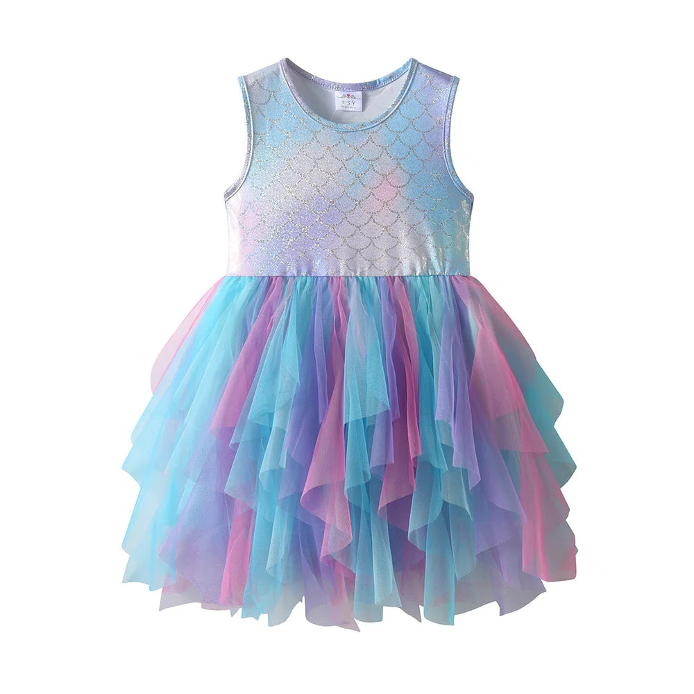 Girls Sparkle Shiny Colorful Gradient Summer Sleeveless Dress Kids Mermaid Scale Tulle Birthday Party Fairy Elegant Tutu Dress
