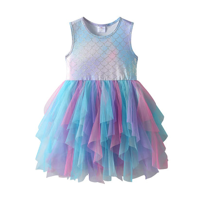 Girls Sparkle Shiny Colorful Gradient Summer Sleeveless Dress Kids Mermaid Scale Tulle Birthday Party Fairy Elegant Tutu Dress