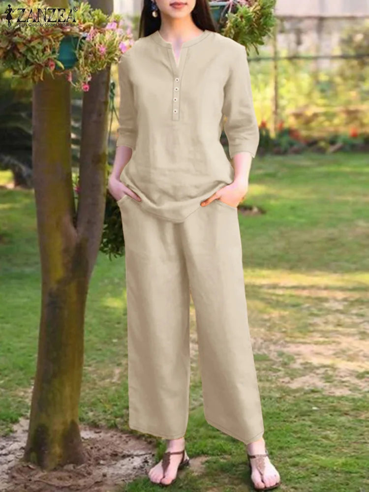 2025 Autumn Pant Sets ZANZEA Women 2PCS Outfits Elegant 3/4 Sleeve Blouse Wide Leg Trousers Suit Fashion Solid OL Work Tracksuit