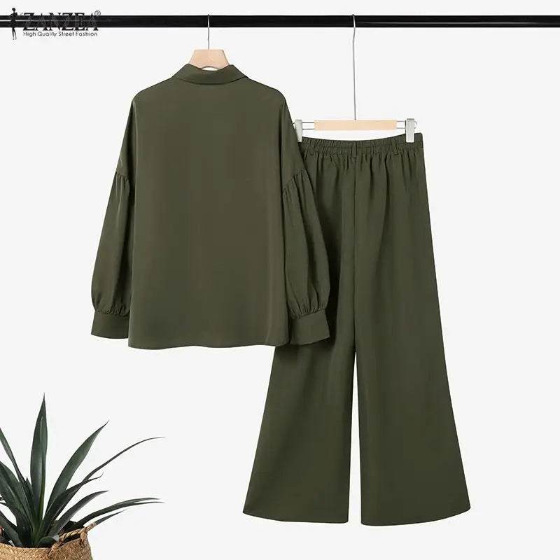 ZANZEA Women's Elegant Chic Pant Suits Lantern Sleeve Shirt & Wide Leg Pant 2 Pieces Sets Oversized Pant Sets Outfits Streetwear