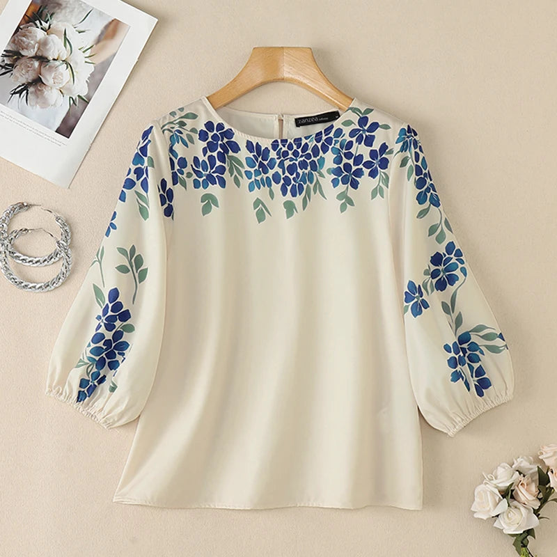 ZANZEA 2026 Woman Floral Print Blouses Elegant O-Neck 3/4 Puff Sleeve Tops Summer Casual Vacation Everyday Wear Blusas de Mujer