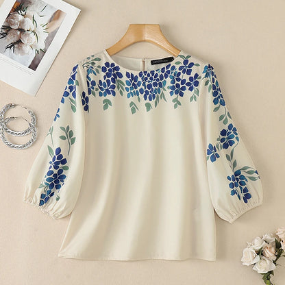 ZANZEA 2026 Woman Floral Print Blouses Elegant O-Neck 3/4 Puff Sleeve Tops Summer Casual Vacation Everyday Wear Blusas de Mujer