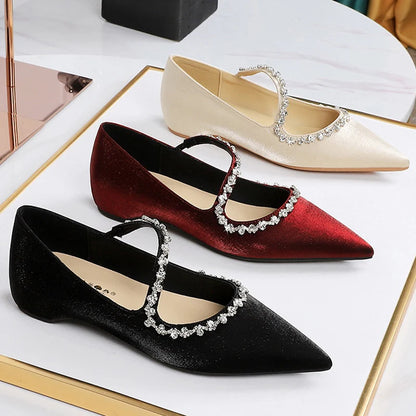 BIGTREE Shoes Rhinestone Chain Low Heeled Women's Shoes Metal Decoration Wedge heels Pointed Ladies Shoes Luxury Banquet Shoes