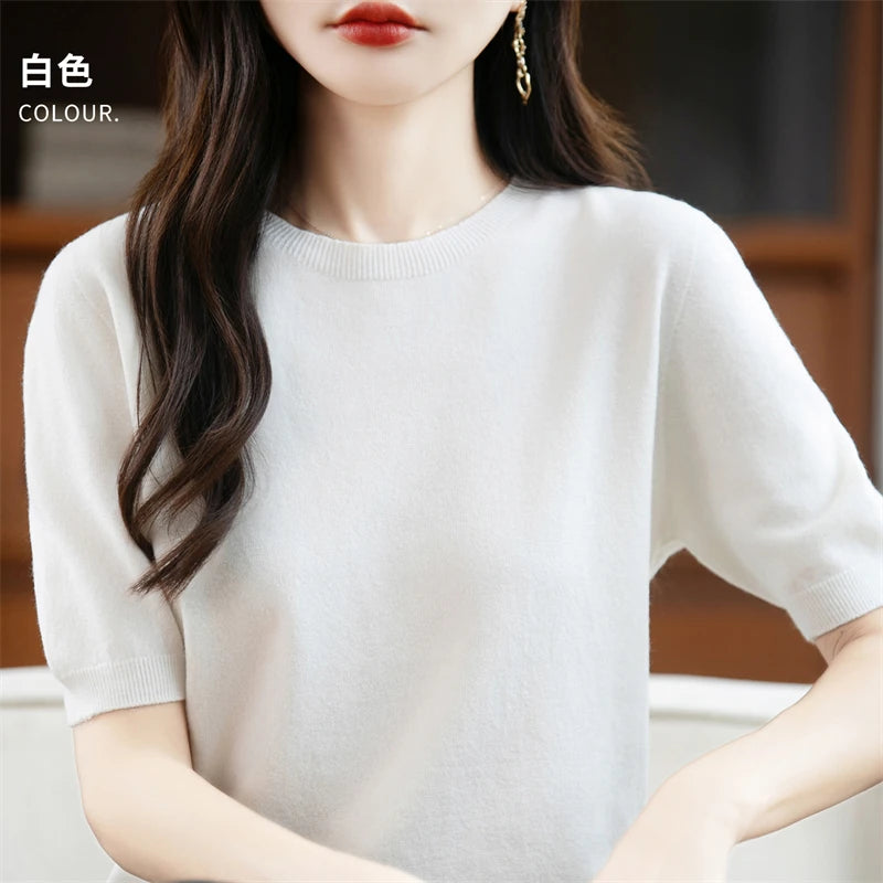 Autumn Women 100% Merino Wool Sweater O-Neck Cashmere Pullover Basic Fashion Short Sleeve Clothing Comfort Top Casual Solid