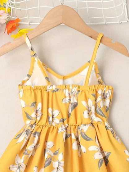 Little Girl's Floral Pattern Camisole Dress V-Neck Elastic Waist Party Beach Dress Cute Summer Vest Dress for Kids