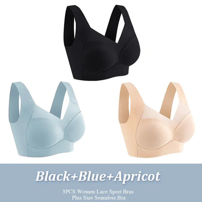 3Pcs Women Sport Bras Plus Size Seamless Lace Bra Bralette Backless Lady Brassiere Vest Female Gathers Shock-Proof Wireless Top