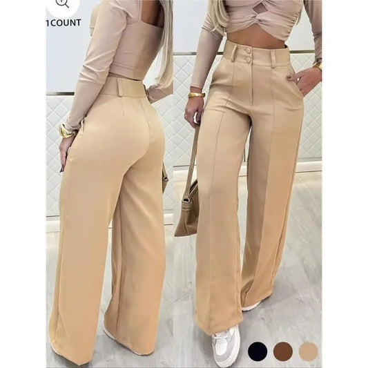 2026 New Women's High-Waisted Wide-Leg Pants, Double-Button Waist-Cinching Slimming Drape Straight-Leg Trousers, Casual Workwear Solid Color Suit Pants