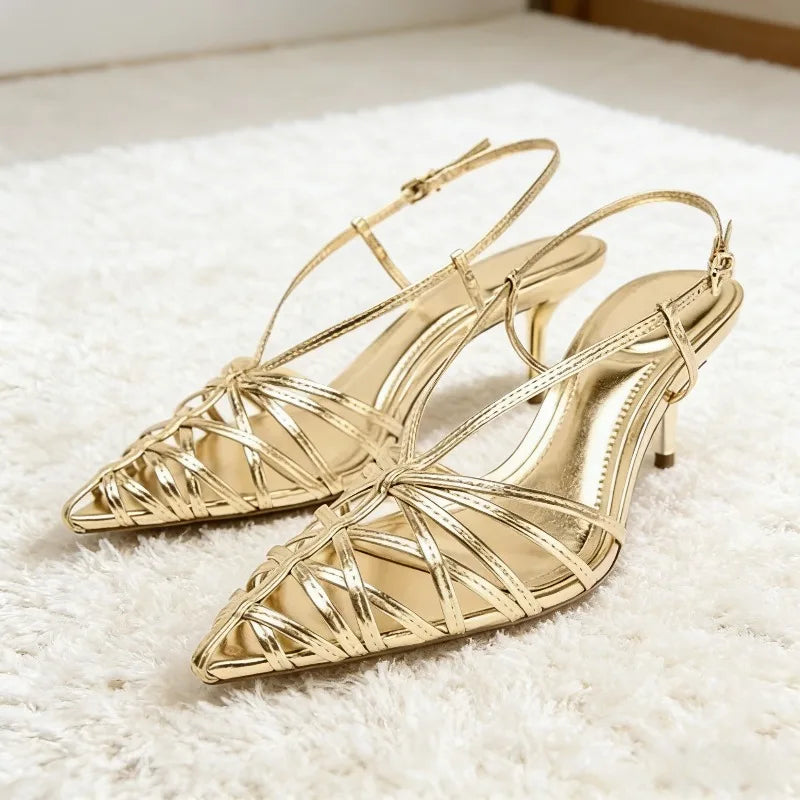 Gold Narrow Strap Hollow Out Design Heeled Sandals Women Sexy Pointed Toe Ankle Strap High Heels Elegant Banquet Wedding Shoes