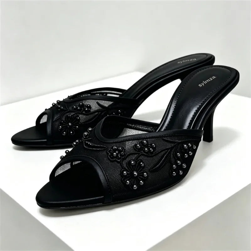 Summer Mesh Embroidery Brown Slippers Women Sexy Peep Toe Heeled Sandals for Ladies Elegant String Bead Decorative Designer Shoe