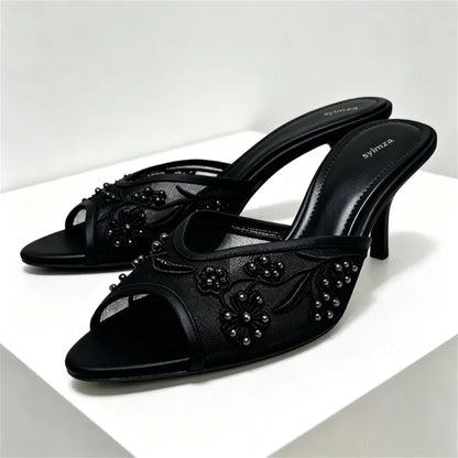 Summer Mesh Embroidery Brown Slippers Women Sexy Peep Toe Heeled Sandals for Ladies Elegant String Bead Decorative Designer Shoe