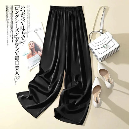 Summer Women Pants Ice Silk Triacetate Pants Lady Baggy Versatile Elastic Straight Leg Trousers Female Wide Leg High Waisted Pan