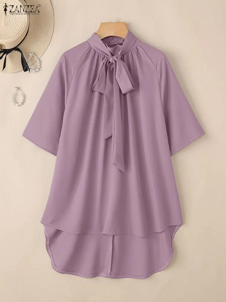 ZANZEA Fashion Women's High-Low Blouses Elegant Bow Tie Neck Half Sleeve Solid Color Designer Long Blouse Korean Woman Clothes
