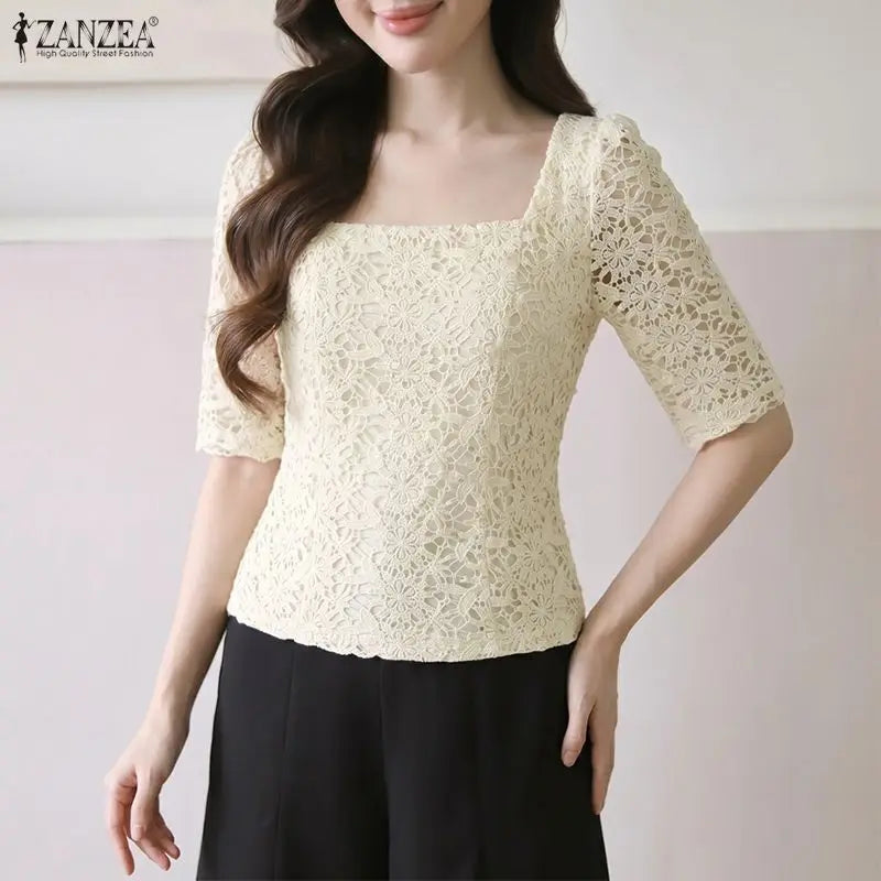 ZANZEA Women Classy Elegant Lace Patchwork Blouses Square Neck Half Sleeve Side Zipper Fitted Short Tops Summer Blusas de Mujer