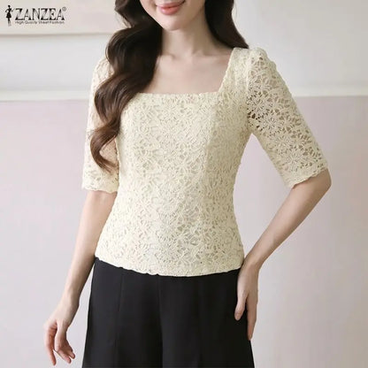 ZANZEA Women Classy Elegant Lace Patchwork Blouses Square Neck Half Sleeve Side Zipper Fitted Short Tops Summer Blusas de Mujer
